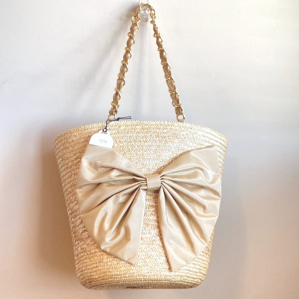 NWT CATERINA BERTINI Straw Bucket Bag with Bo and Drawstring Closure